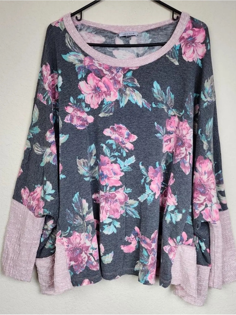 white birch Charcoal Floral Dolman Sweatshirt with Pink Accents